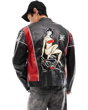Ed Hardy Oversized Faux Leather Moto Jacket With Lady Back Print - Grey