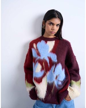 TOPSHOP Maglione Bordeaux Con Fiori Sfocati - Rosso