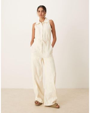 Mango Sleeveless Collar Detail Button Up Jumpsuit With Tie Wasit - Natural