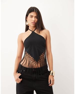 ASOS Slinky Fringed Hanky Hem Halter Top - Black