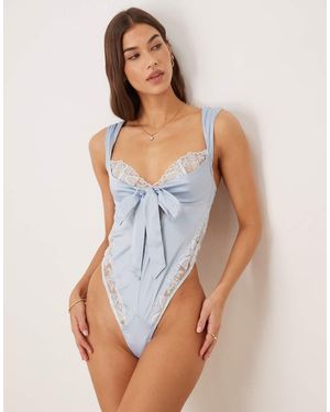 For Love & Lemons Blair Satin Lace Trim Bow Detail High Leg Bodysuit - Blue