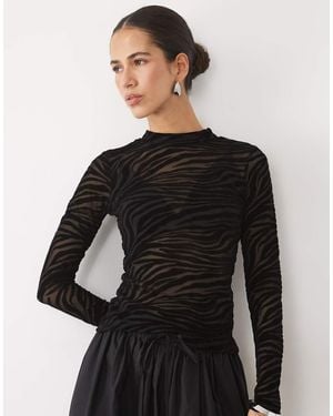 New Look Mesh Zebra Print Flocked Long Sleeve Top - Black