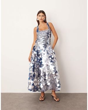 ARRANGE Embellished Disc Sequin Square Neck Full Skirt Midi Dress - White