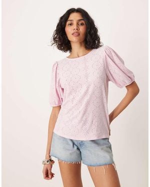Vila Broderie T-shirt With Puff Sleeve Detail - White