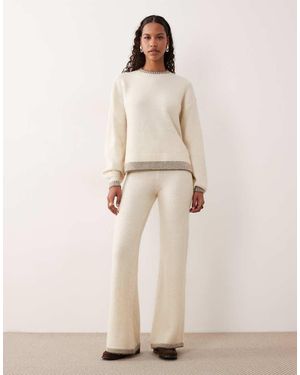 Vila Contrast Trim Knitted Wide Leg Trouser Co-ord - Natural