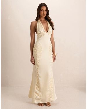 Missy Empire Cream Satin Ruched Plunge Maxi Dress - Natural