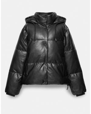 Pull&Bear Leather Effect Puffer Jacket - Black