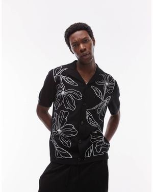 TOPMAN Front Placement Embroidered Knitted Shirt - Black