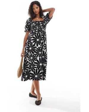 New Look Vestido Negro De Estilo Mesonera Con Estampado Floral Y Mangas Abullonadas De -Blanco