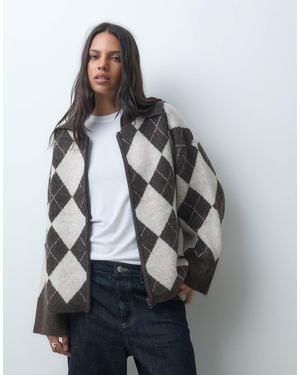 Pieces Premium Zip Front Fluffy Knitted Jumper With Collar - Grey