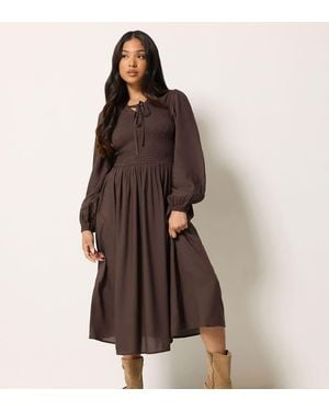 PixieGirl Petite Shirred Midi Dress - Brown