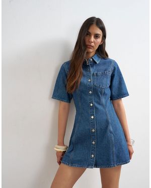 TOPSHOP Denim Short Sleeve Button-down Mini Dress - Blue