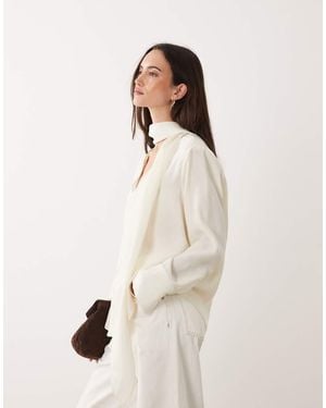 Mango V Neck Blouse With Tie Neck - Natural
