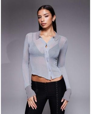 I.AM.GIA Davina 90s Fine Rib Knit Asymmetric Button Detailing Fitted Shirt - Grey
