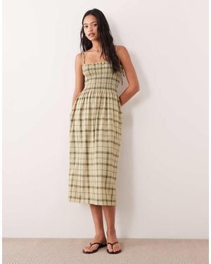 Barbour Orla Shirred Tartan Strappy Midi Dress - Natural
