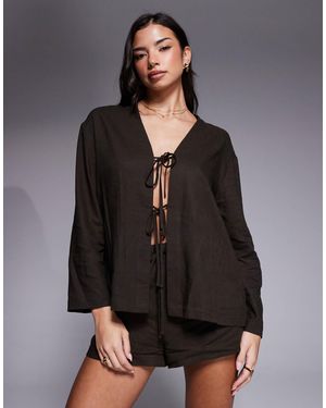 The Frolic Exclusive Contains Linen Tie Front Long Sleeve Beach Top - Gray
