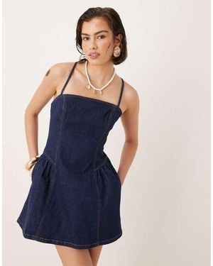 Abercrombie & Fitch Dipped Waist Cross Back Denim Mini Dress - Blue
