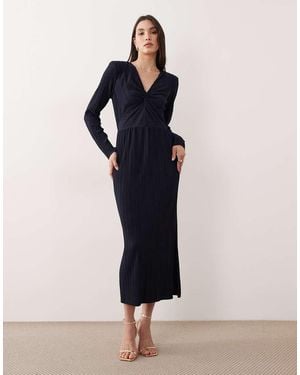Y.A.S Long Sleeve Twist Front Plisse Maxi Dress - Blue