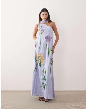 ARRANGE Botanical Floral Embroidered One Shoulder Maxi Dress - Blue