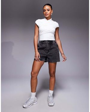 Missy Empire Pantalones Cortos Vaqueros Negro Lavado Elásticos De Talle Alto Con Cintura Paperbag De