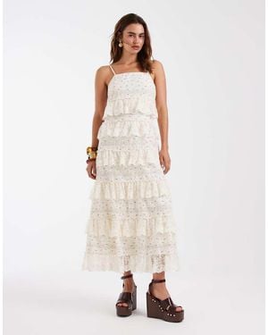 Vero Moda Disty Floral Printed Cotton Cami Maxi Dress With Tiered Lace Trim - Natural