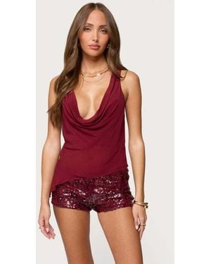 Edikted Denise Asymmetric Chiffon Cowl Neck Top - Red