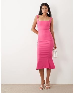 Vesper Bengaline Sleeveless Square Neck Fishtail Midi Dress - Pink