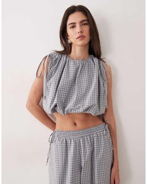 Ghospell Top A Cuadros Vichy Azules Abullonado Con Detalle De Cordón Ajustable De Algodón De (Parte De Un Conjunto) - Gris