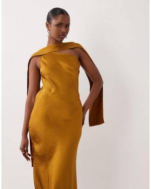 TFNC London Satin One Shoulder Maxi Dress With Scarf - Brown