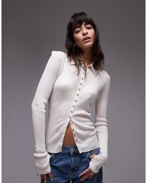 & Other Stories Merino Wool Blend Fine Knit Fitted Cardigan With Thumbholes And Two-Way Collar - Gray