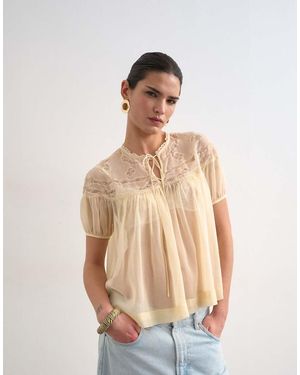 TOPSHOP Top Met Kanten Detail, Korte Mouwen En Strik - Naturel