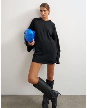 TOPSHOP Jersey Cotton High V Neck Long Sleeve Mini Dress - Blue