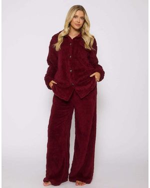 Loungeable Cableknit Button Down Shacket And Trouser Set - Red