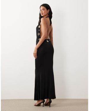 Murci Slinky Halterneck Extreme Cowl Front Eyelet Detail Low Back Maxi Dress - Blue