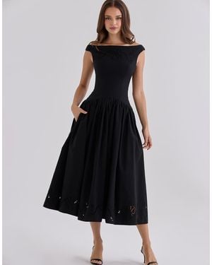 House Of Cb Lauren Custom Cotton Broderie Anglaise Boat Neck Maxi Dress - Black