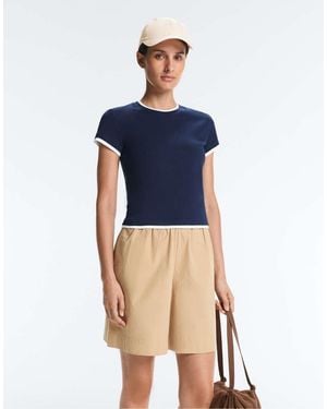 Oysho Cotton Blend Double Rib Effect Short Sleeve T-shirt - Blue