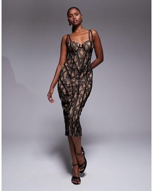 JLUXLABEL Katerina Contrast Lace Boned Bodice Panel Detailing Midi Dress - Black