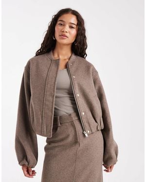 4th & Reckless Wool Blend Soft Tailored Collarless Balloon Sleeve Bomber Jacket Co-ord - Brown