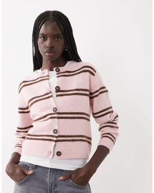Brave Soul Crew Neck Cardigan With Double Stripe - Pink