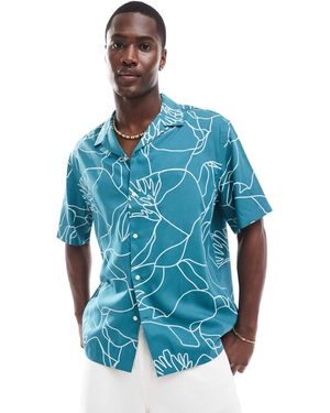 SELECTED Oversized Revere Collar Shirt With Floral Line Print - Blue
