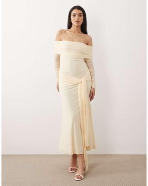 Bardot Selina Mesh Deep Tie Drape Waist Maxi Dress - Natural