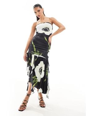 AX Paris Slinky Ruched Bandeau Asymmetric Ruffle Hem Maxi Dress - Multicolour