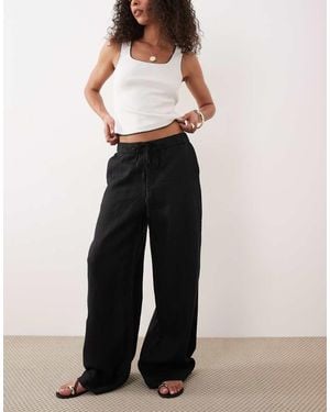 Mango 100% Linen Button Detail Straight Leg Trousers - Black