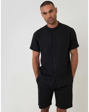 Threadbare Grandad Collar Linen Blend Short Sleeve Shirt - Black