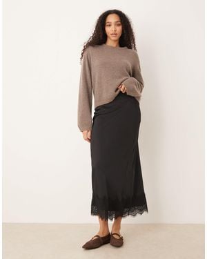 Vila Satin Maxi Skirt With Lace Trim - Natural
