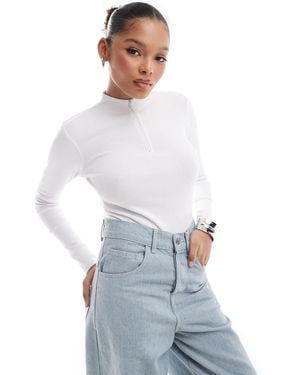 Threadbare Ribbed High Neck Half Zip Long Sleeve Bodysuit - White