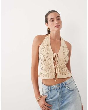 Miss Selfridge Embellished Tie Front Halter Top-neutral - Brown