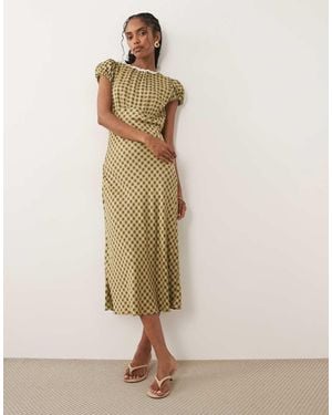 Nobody's Child Marianna Scoop Neck Puff Sleeve Lace Trim Tea Midi Dress - Natural