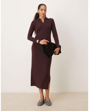 Jdy Robe mi-longue en maille avec col polo - marron chocolat