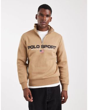 Polo Ralph Lauren Sport capsule - sweat unisexe en molleton à col zippé avec logo drapeau - beige kaki - Neutre